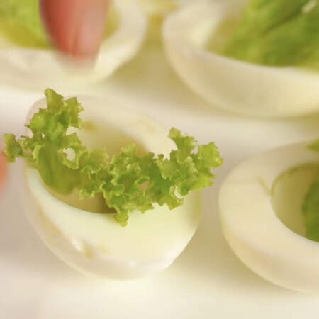 Подготовленные кусочки салата выкладываем в белок от половинки яйца. 